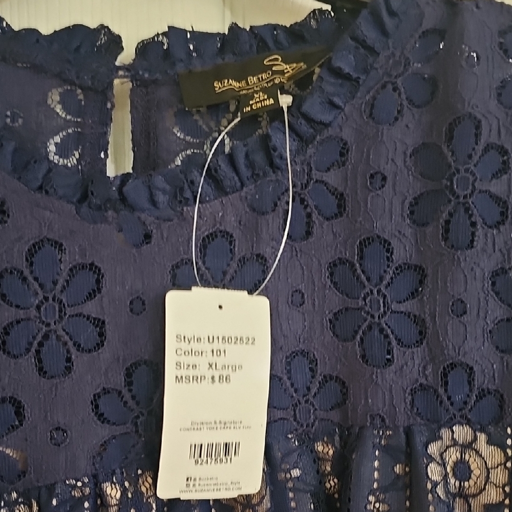 Suzanne Betro Navy Boxy Embellished Short Sleeve Blouse - Picture 4 of 4